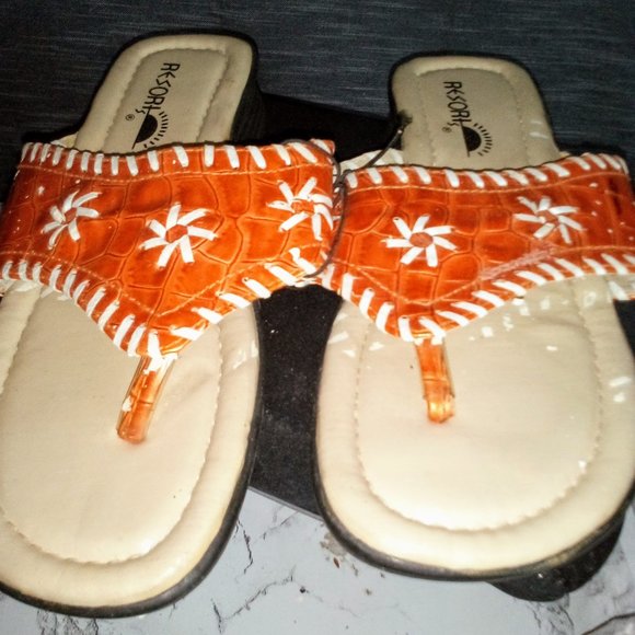 Vintage NWOT Women's  Whipped-stitch Upper Leather Sandals Orange/White size 7 - Picture 8 of 9